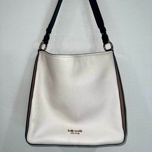 Kate Spade Hudson Color blocked Large Leather Hobo Bag, Tan Cream Shoulder Bag - Picture 3 of 8